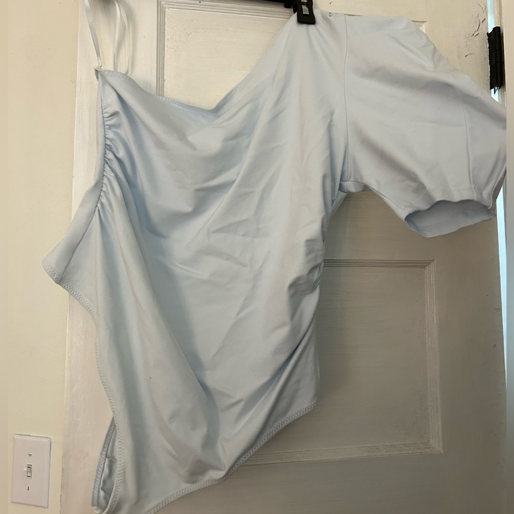 Free People Blue One Shouldered Bodysuit Puff Sleeve